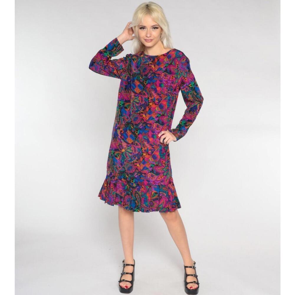 Vintage Liz Claiborne Colorful Retro Paisley Pleated Hem Dress Size 10